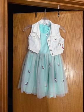 Mint Unicorn Tulle Dress with White Denim Vest